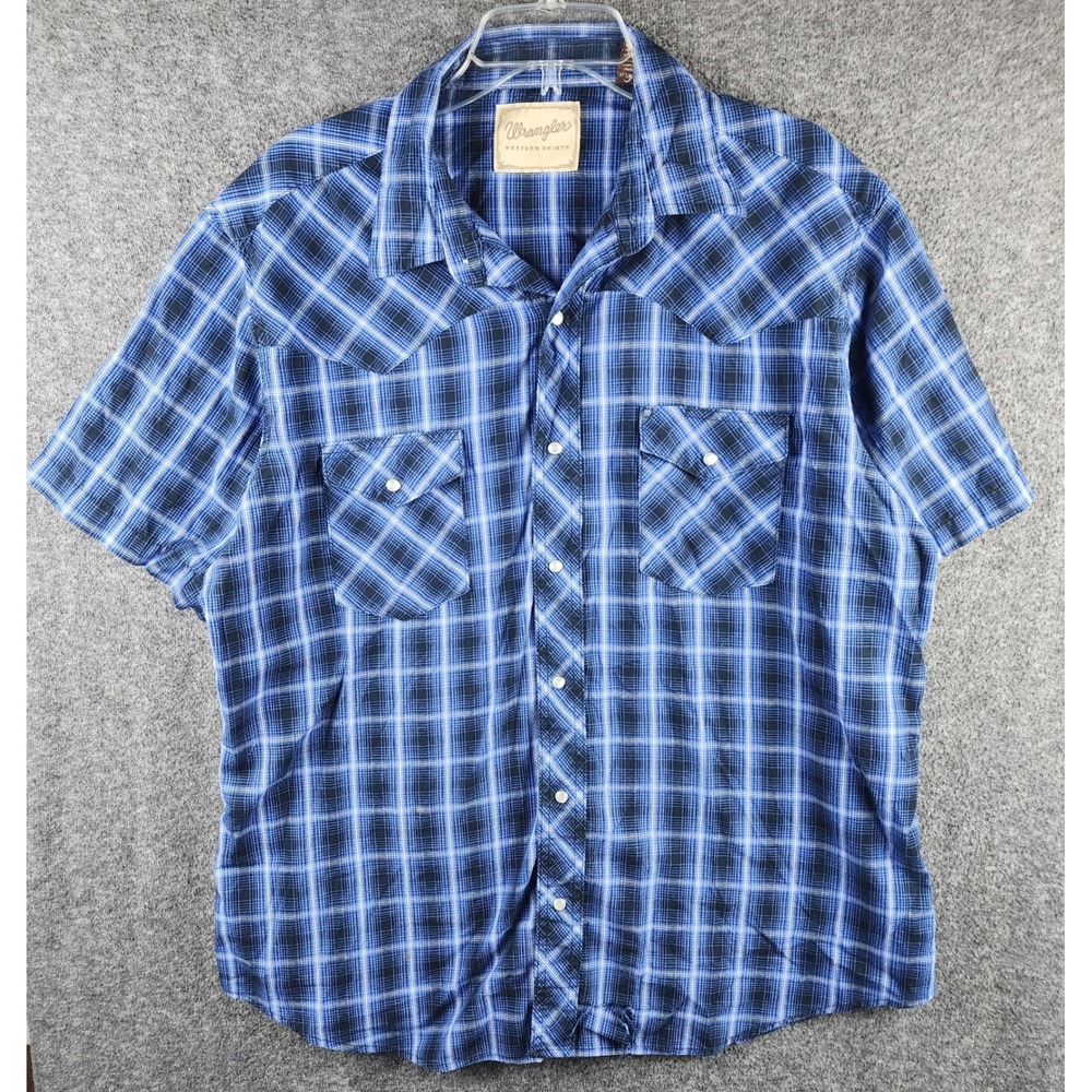Wrangler Western Shirt Mens XL Short Sleeve Blue Plaid Pearl Snap Button Down